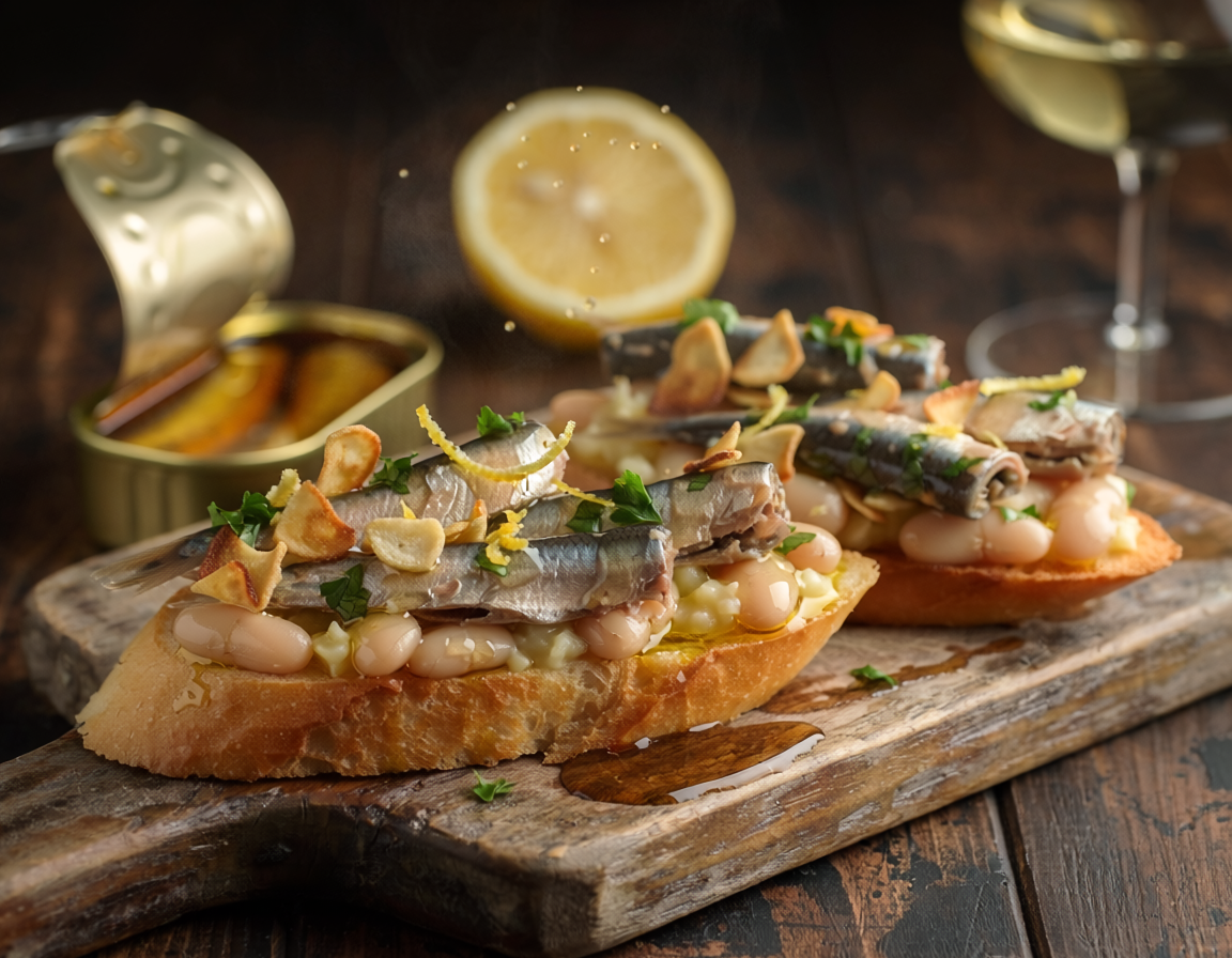 Close-up of a spicy sardine and white bean toast on rustic sourdough, topped with crispy garlic chips, fresh parsley, lemon zest, and a drizzle of hot honey — recipe from Tinned Fins.
