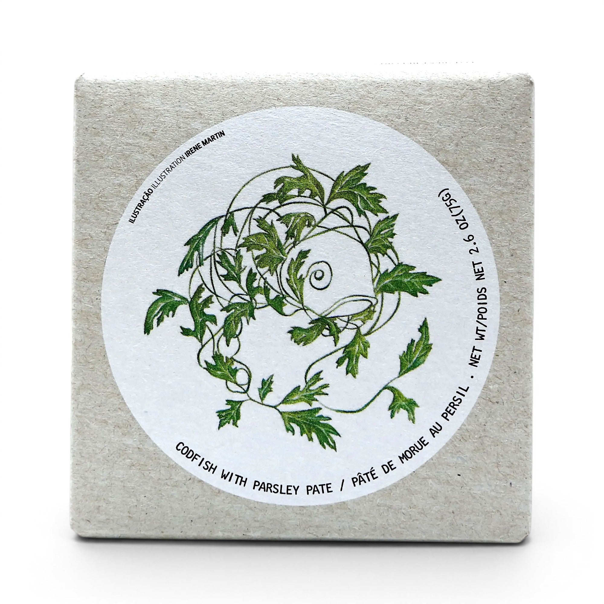 Tinned Fins José Gourmet codfish with parsley pâté in a grey paper-wrapped box with a green botanical illustration