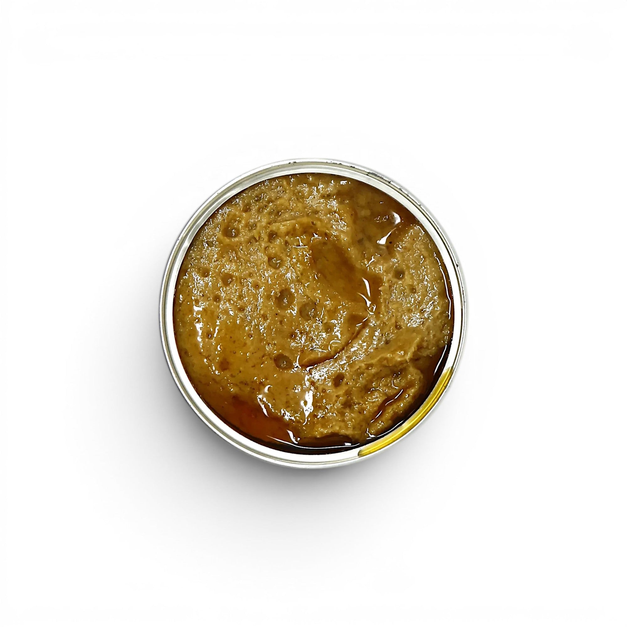 Tinned Fins José Gourmet codfish and parsley pâté in an open round tin, viewed from above on a white background.