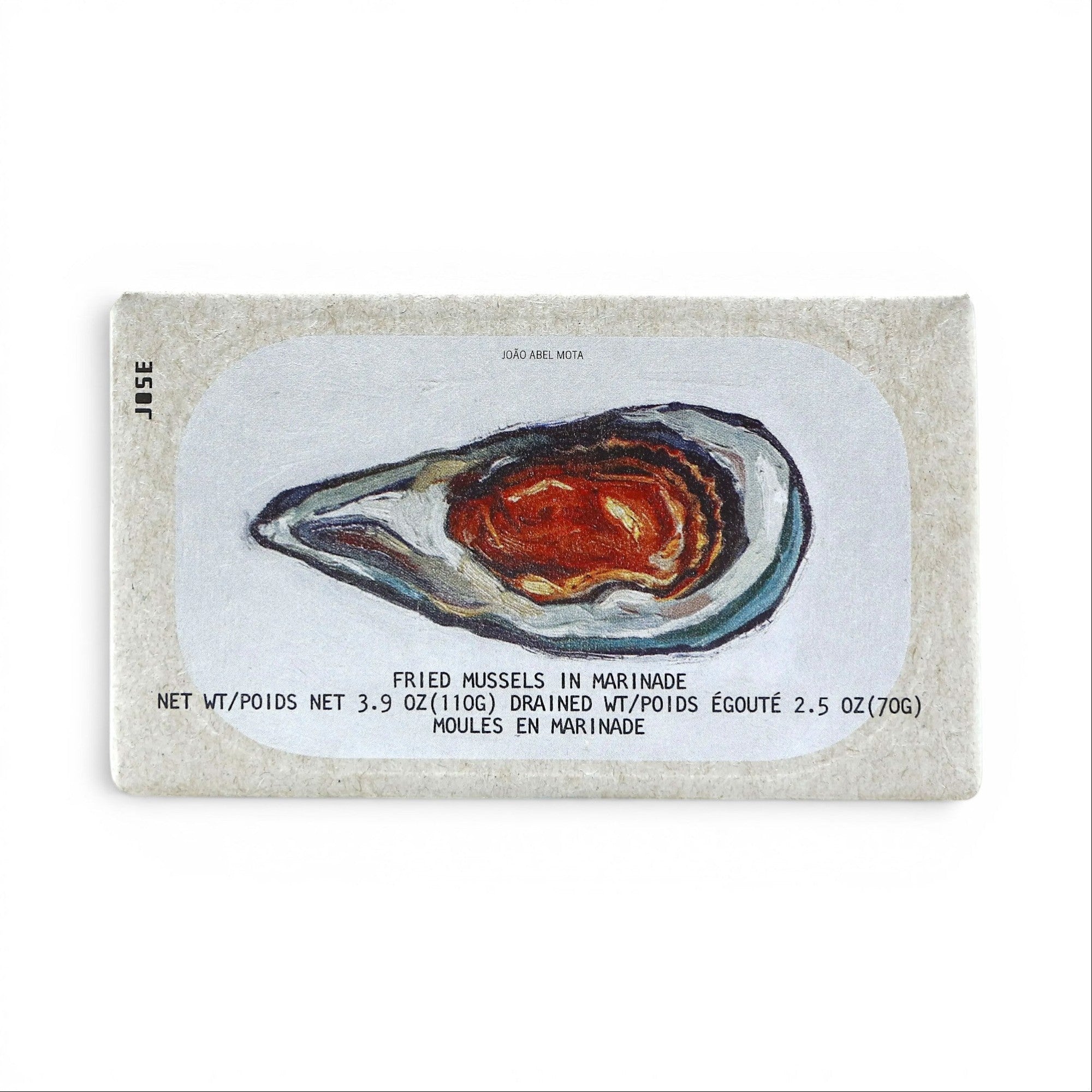 Tinned Fins José Gourmet fried mussels in marinade tin with artistic mussel illustration on a light grey background