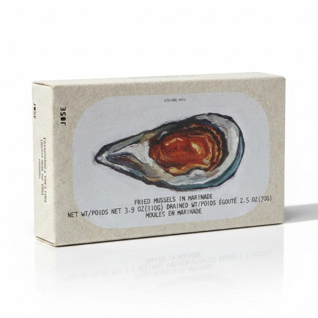 Tinned Fins José Gourmet fried mussels in marinade tin with illustrated mussel design on a neutral background