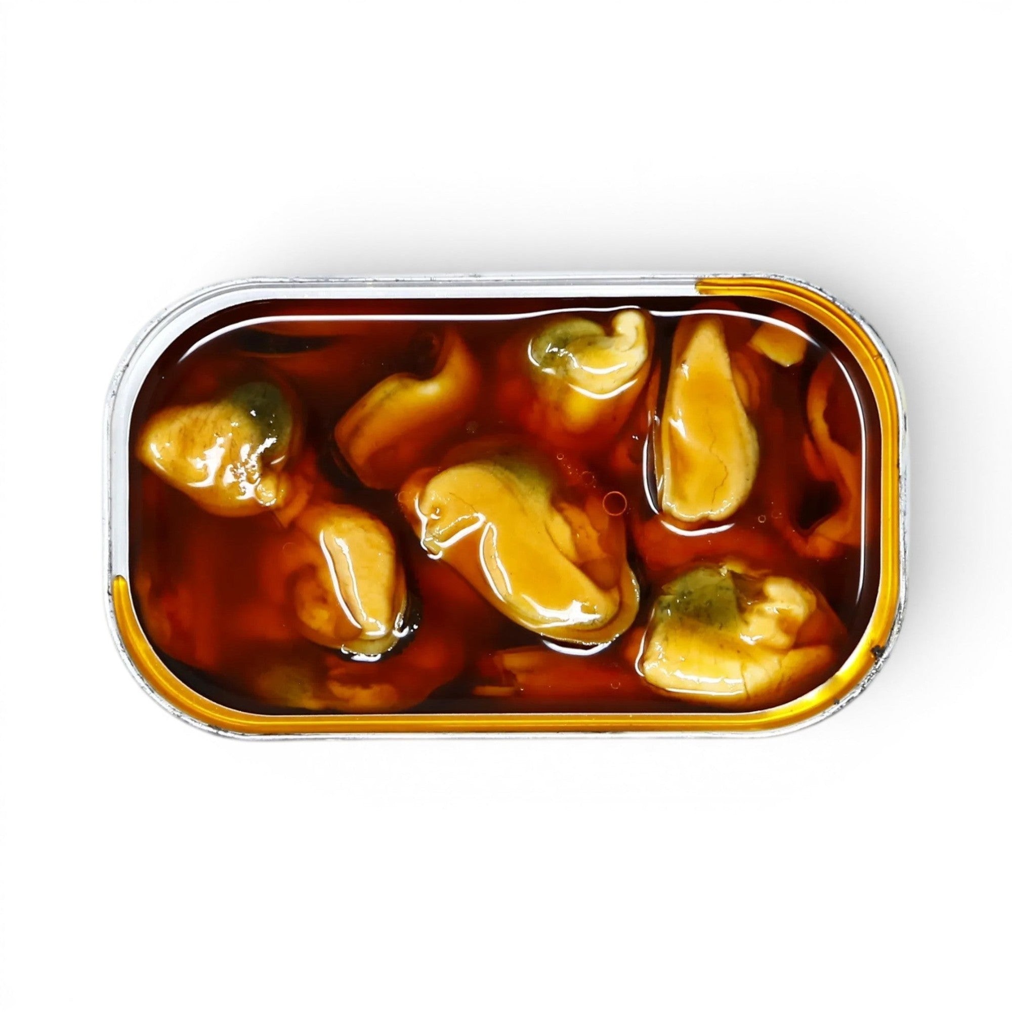 Tinned Fins José Gourmet fried mussels in a rich, flavourful marinade inside an open rectangular tin.