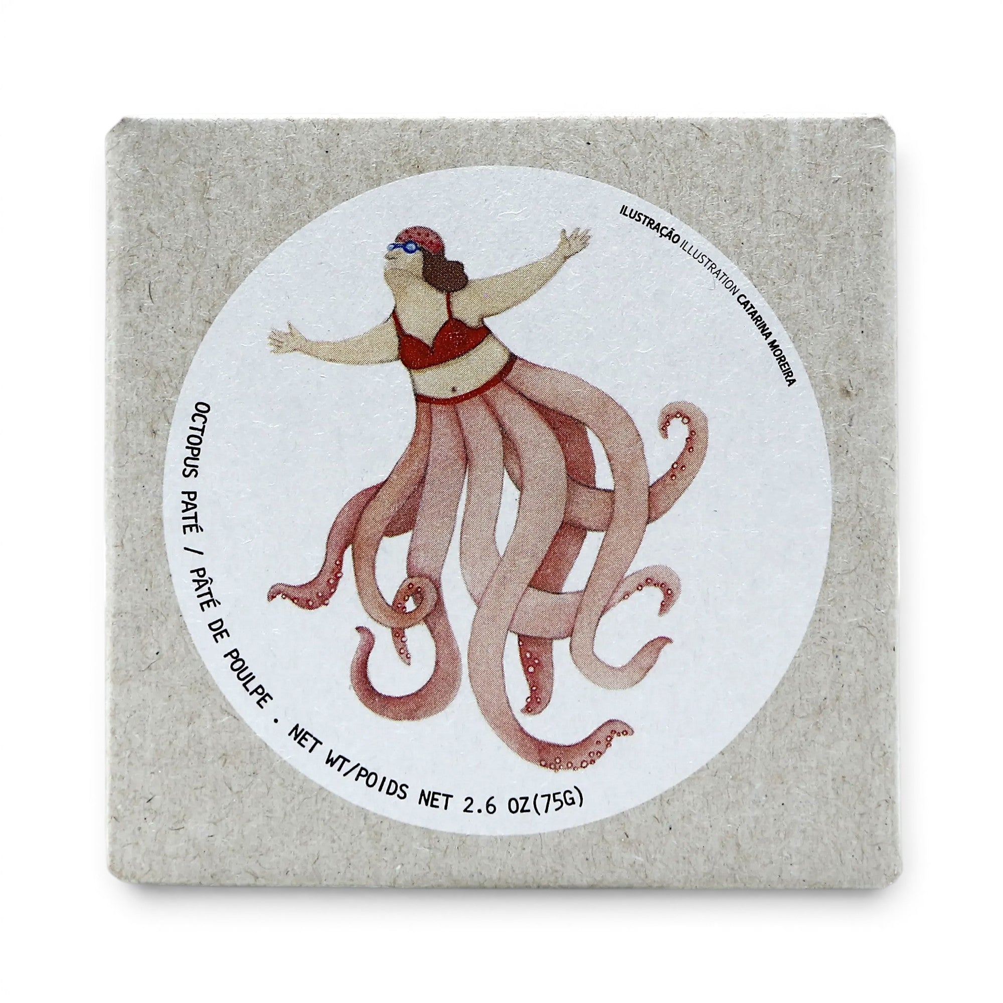 Tinned Fins José Gourmet octopus pâté in a square grey box featuring a whimsical octopus-woman illustration