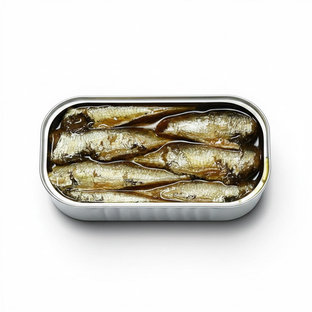 Tinned Fins José Gourmet smoked small sardines packed in extra virgin olive oil inside an open metal tin