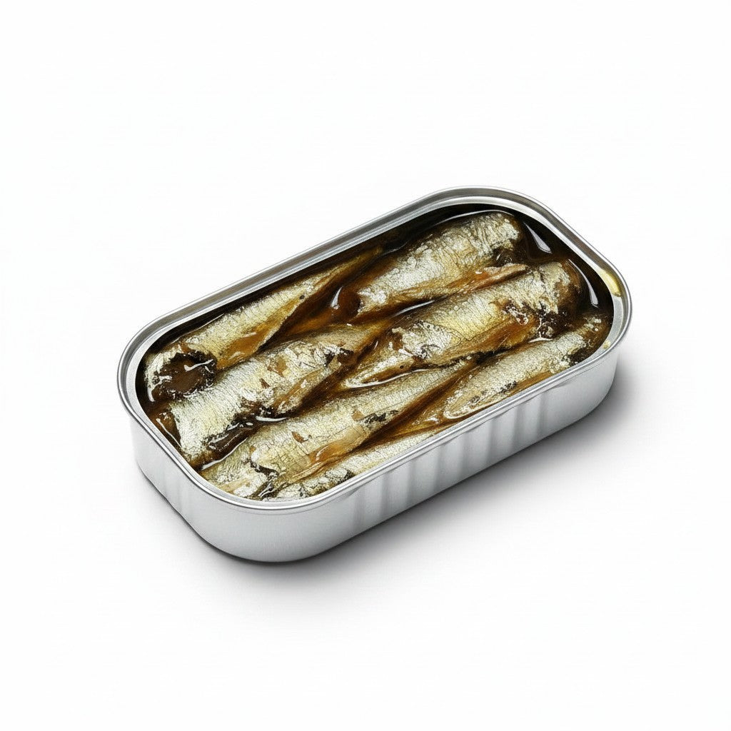 Tinned Fins José Gourmet smoked small sardines packed in golden extra virgin olive oil inside an open metal tin