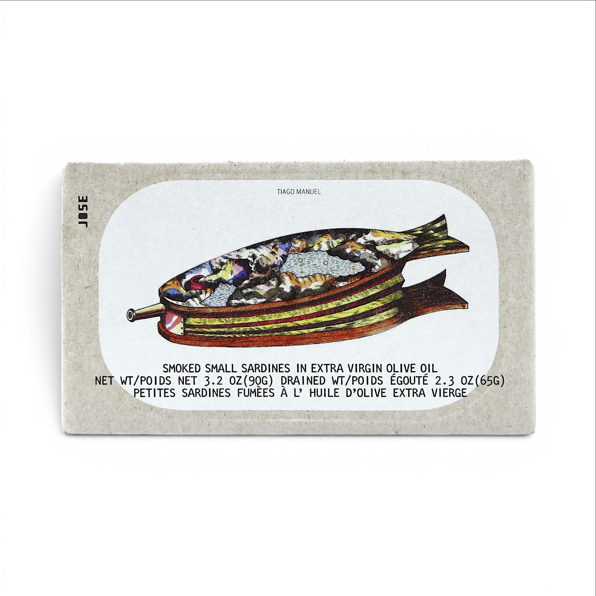 Tinned Fins José Gourmet smoked small sardines in extra virgin olive oil in a decorative illustrated tin box
