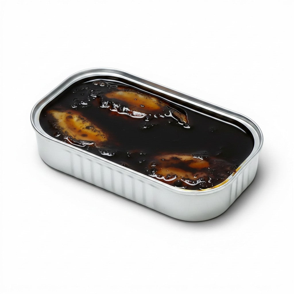 Tinned Fins José Gourmet stuffed squid in rich black ink served in an open rectangular metal tin