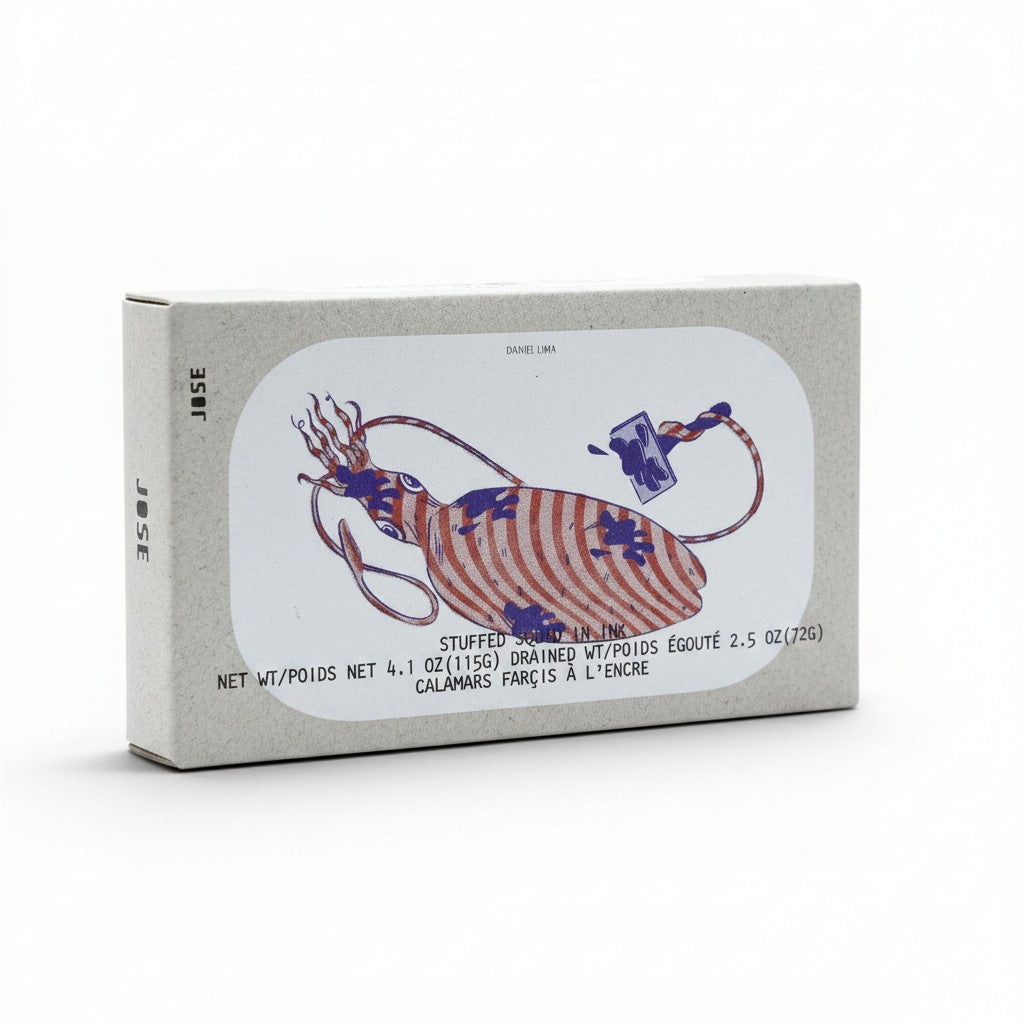 Tinned Fins José Gourmet stuffed squid in ink tin featuring a minimalist illustration on a grey background