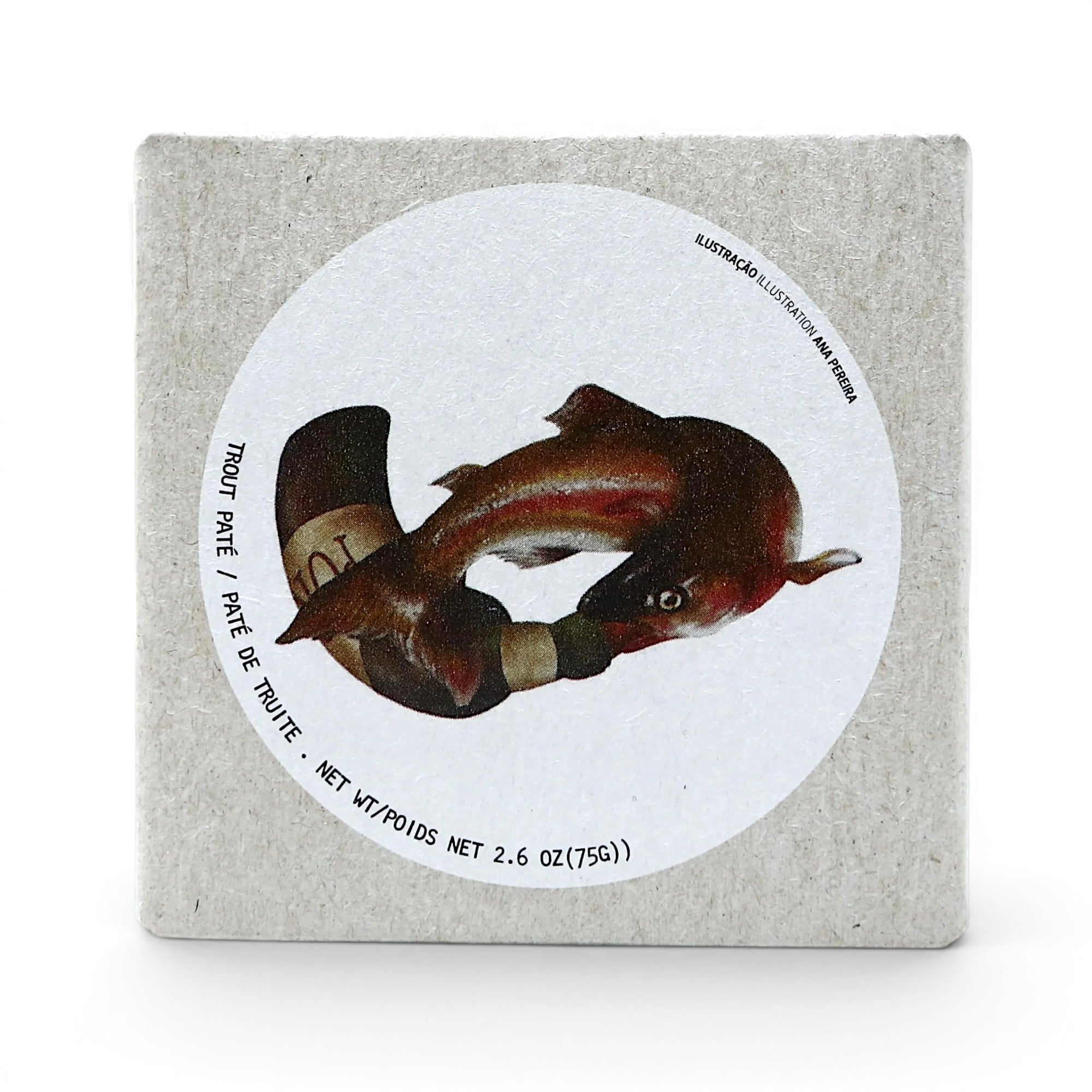 Tinned Fins José Gourmet trout pâté in a grey square box with a circular illustration of two trout