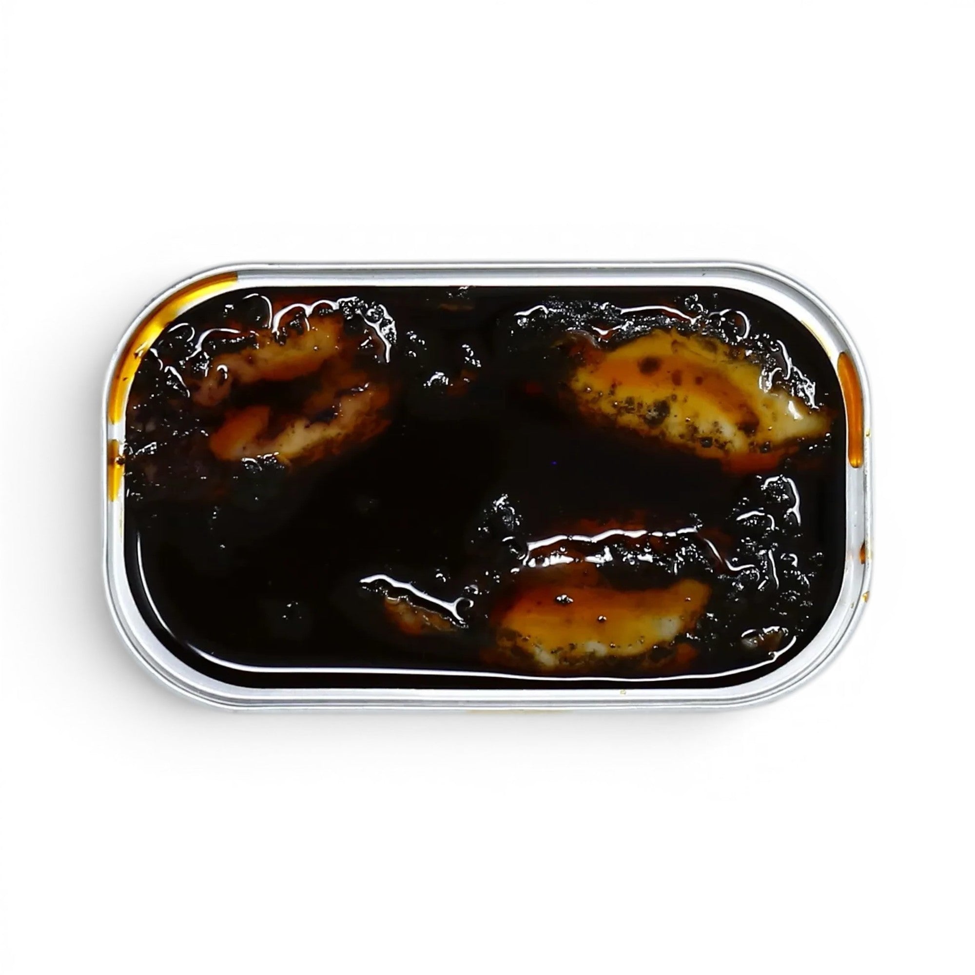 Tinned Fins José Gourmet stuffed squid in dark ink served in an open rectangular tin on a white background